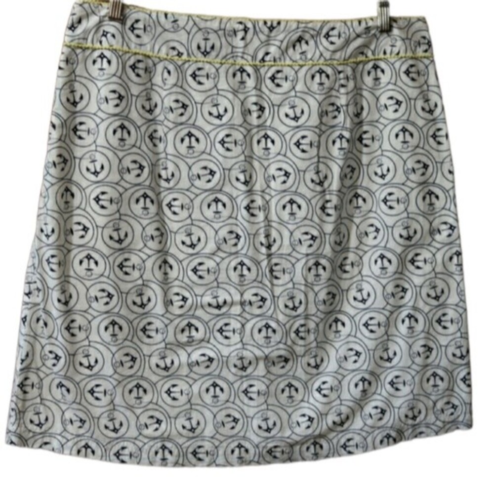 L.L. Bean Preppy Nautical White Anchor Print Novelty Mini Skirt 14 R Yellow Trim